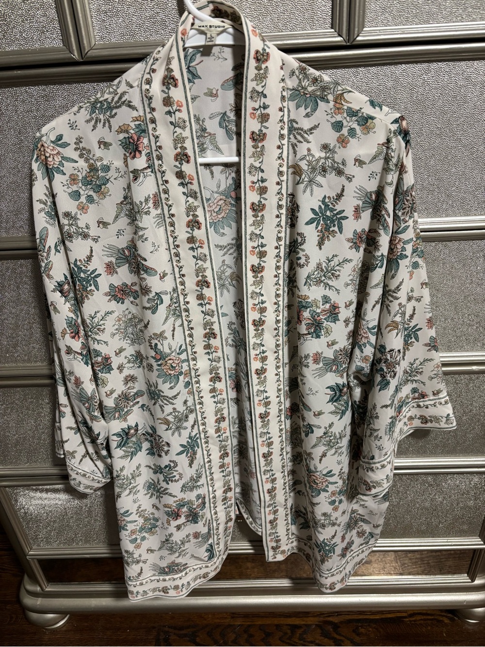 Max Studio White Floral Kimono with Green & Pink Print Boho
